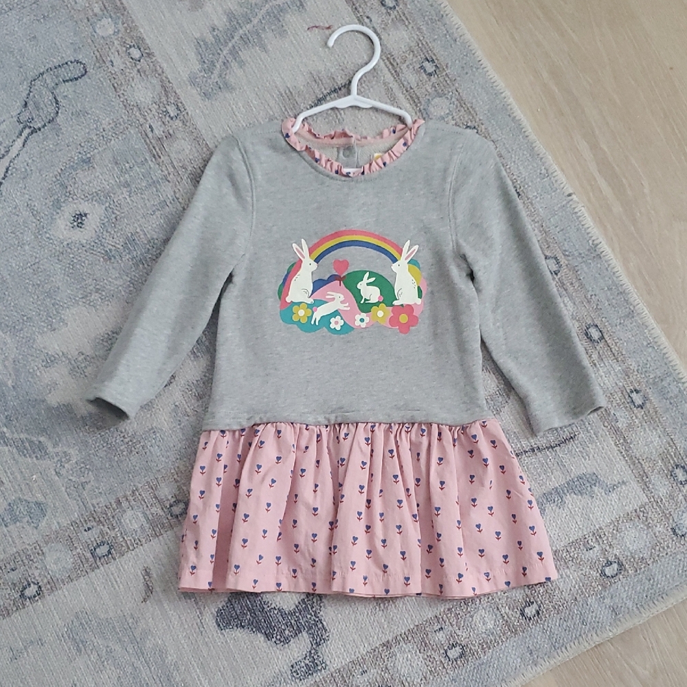 Baby Boden Girls Long Sleeve Pink Gray Bunny Rabbit Dress Sz18-24m